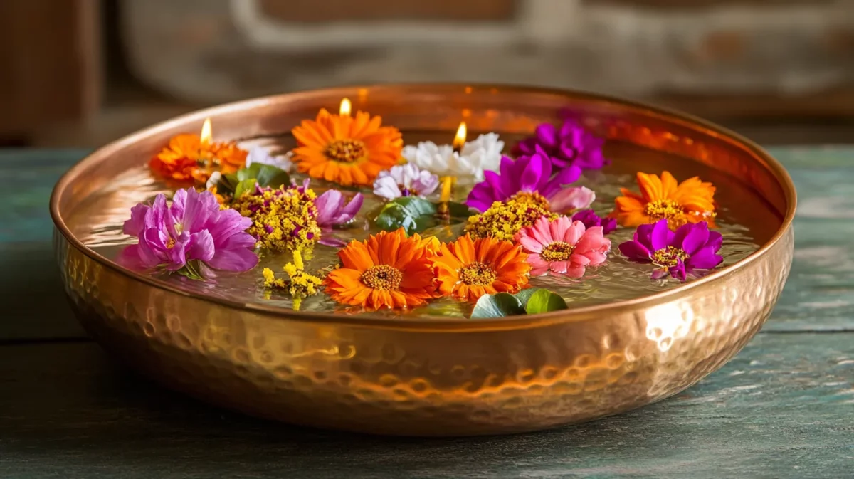 brass or copper urli with floating flowers or candles griha pravesh gift idea