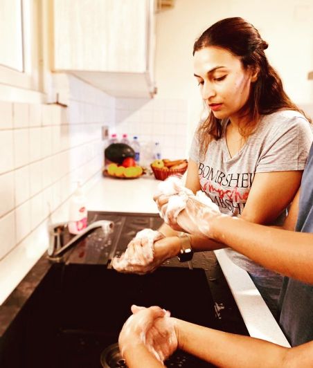 The modern and spacious kitchen in Dhanush’s home