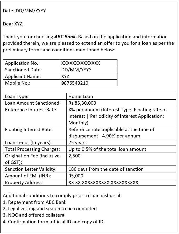 home loan sanction letter format