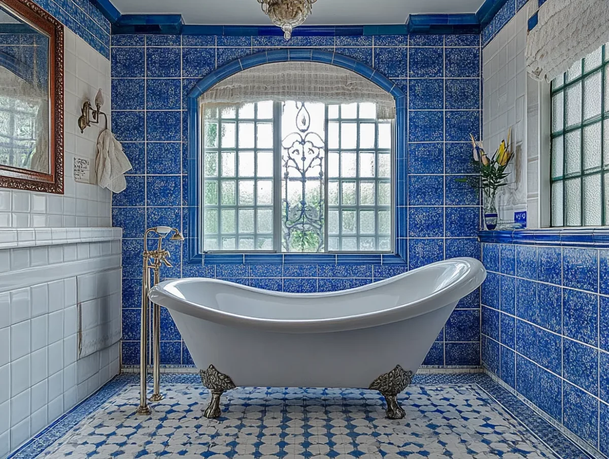 bathroom wall tiles blue and white