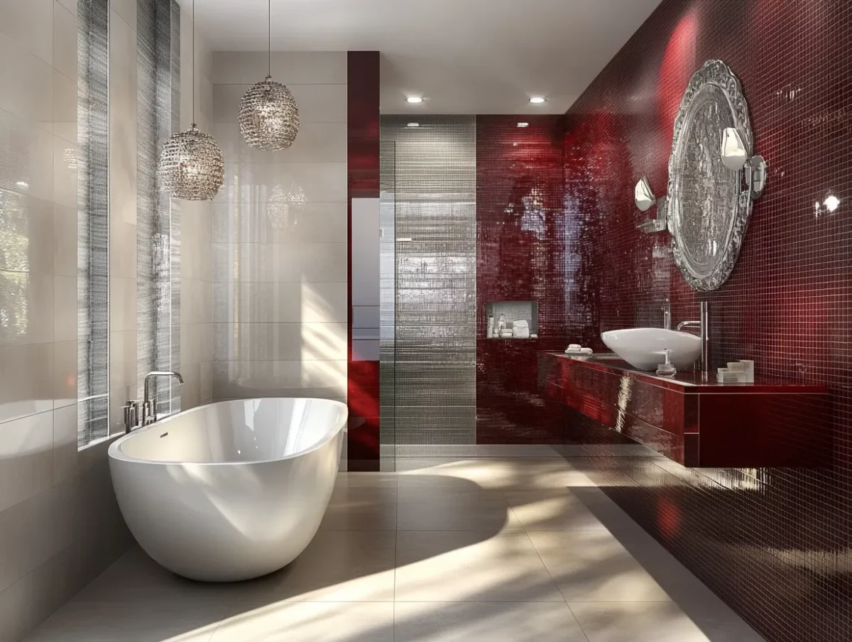 bathroom wall tiles design of deep red and grey