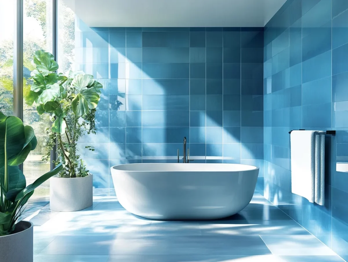 blue coloured bath wall tile design