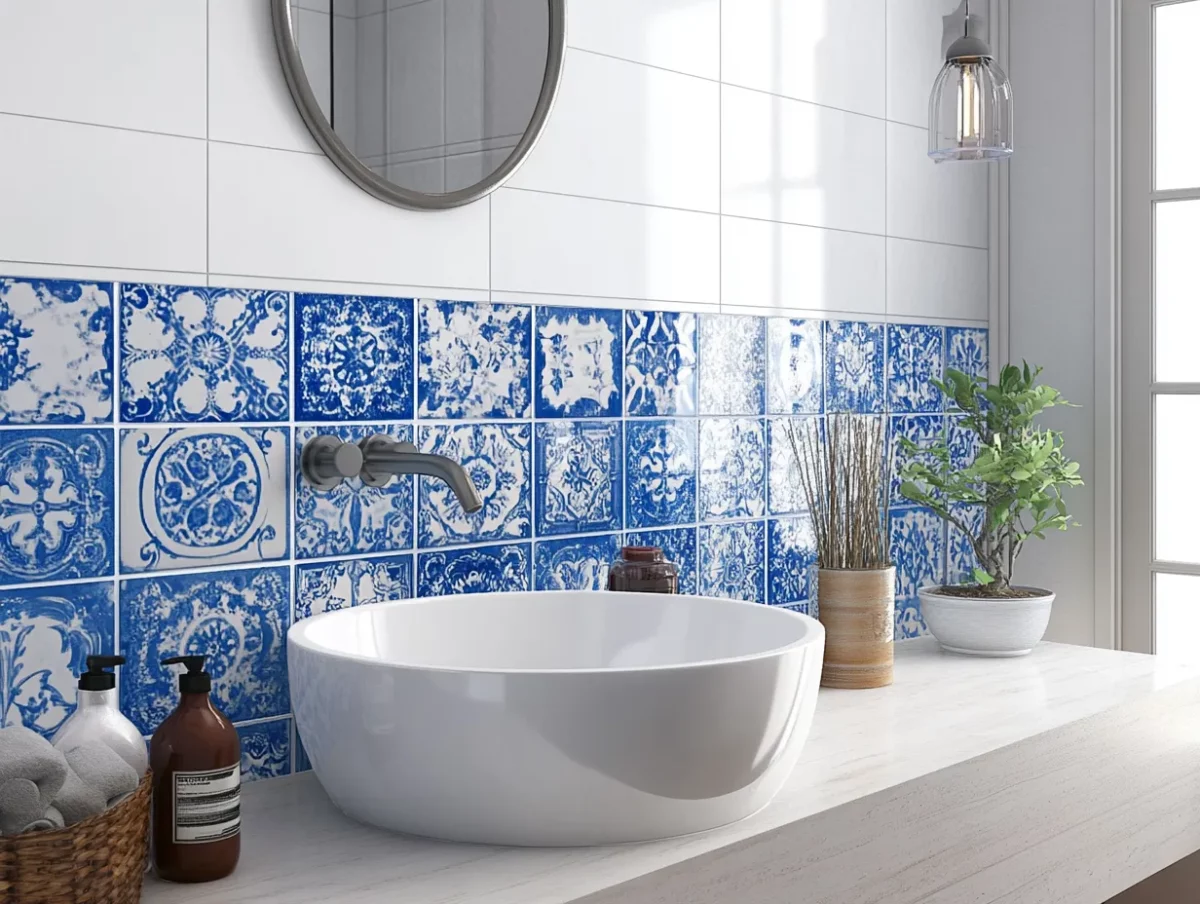 white blue coloured contrast backsplash tile