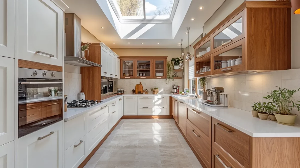 classic parallel kitchen design with skylights