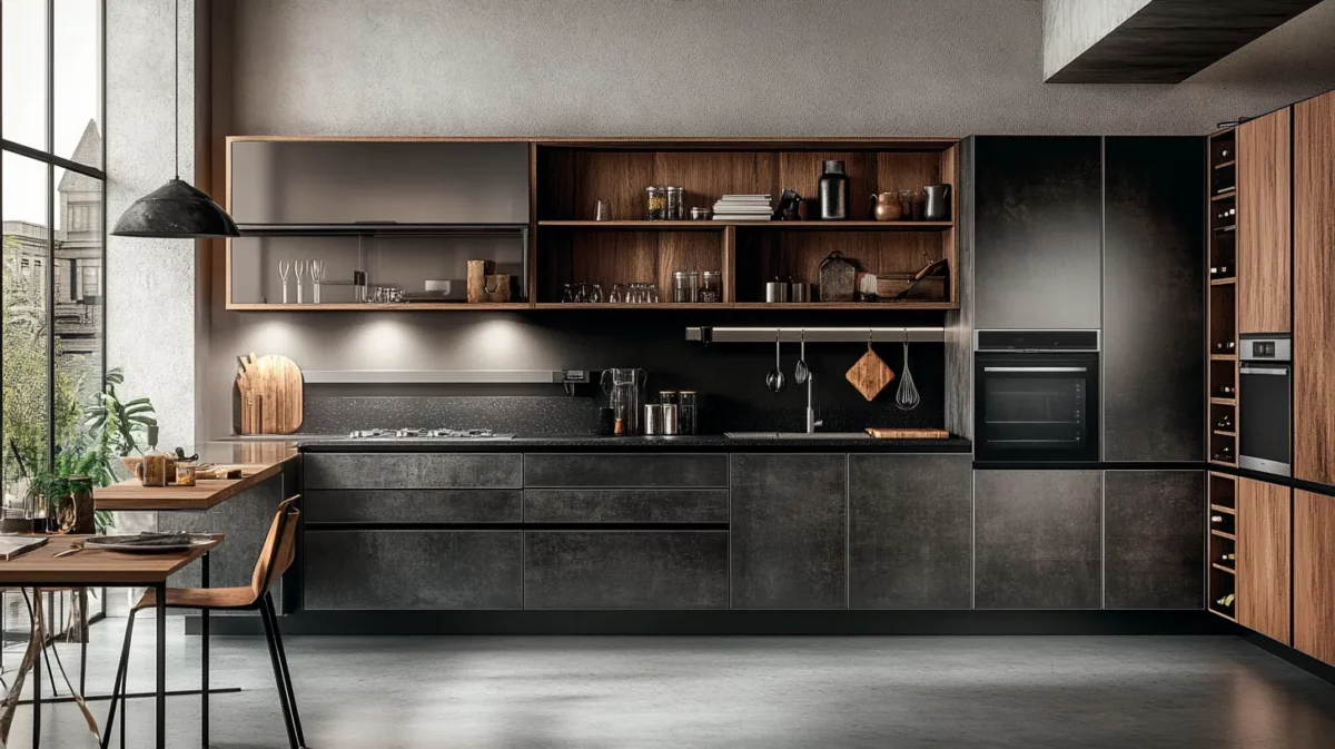 matte industrial steel kitchen design idea