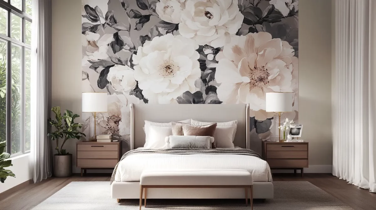 oversized floral wallpaper design for master bedroom