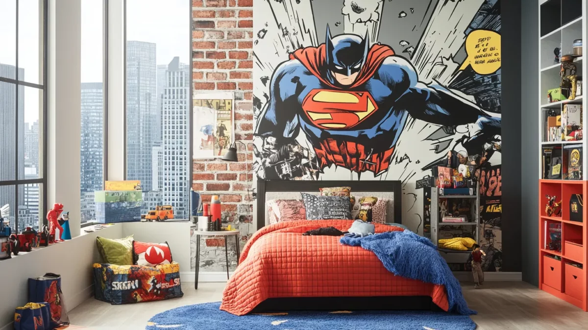 superhero hideout wallpaper design for kids bedroom