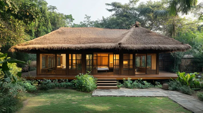 thatched roof single floor home front design