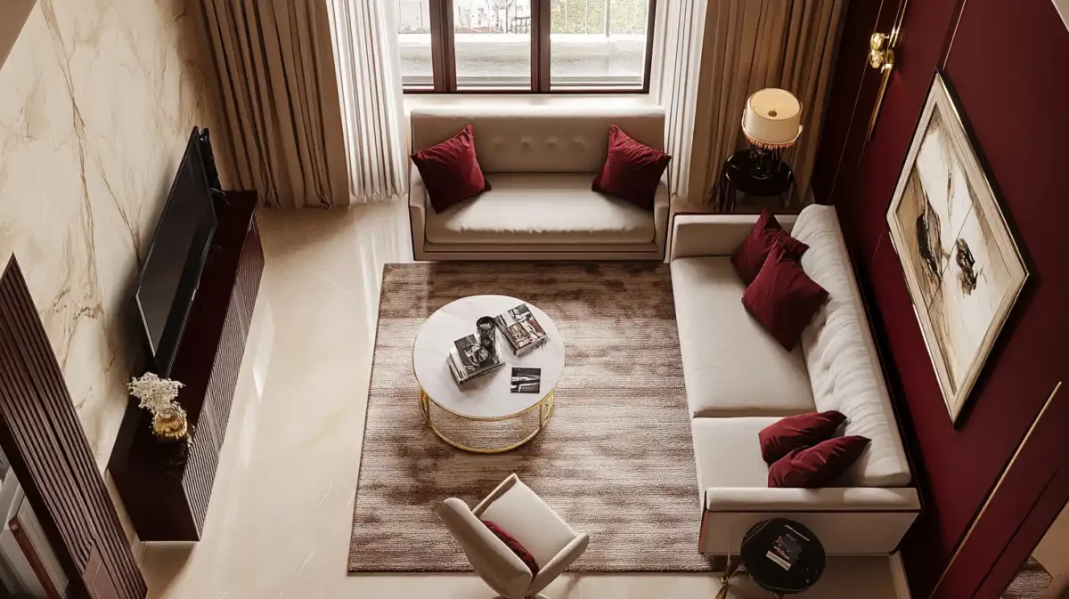 beige and burgundy colour combination for 1 bhk flat