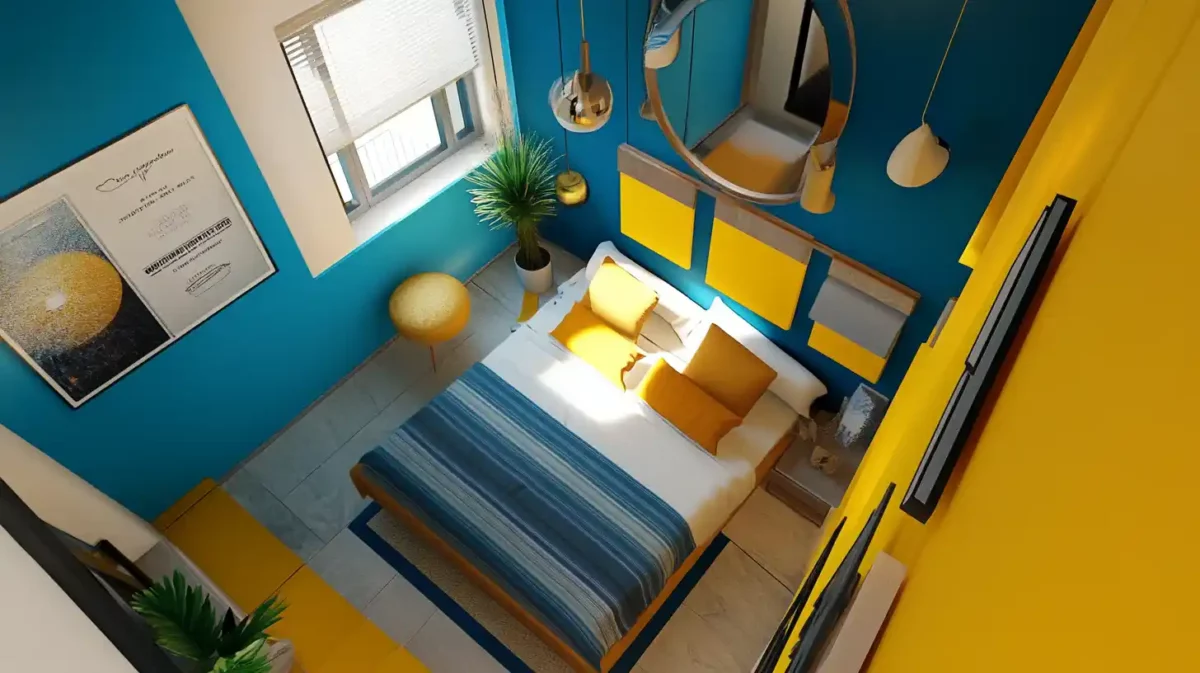 blue and yellow colour combination for 1 bhk flat