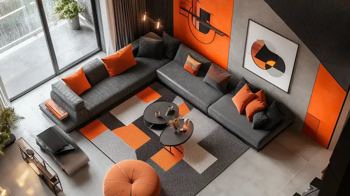 charcoal and orange colour combination for 1 bhk flat