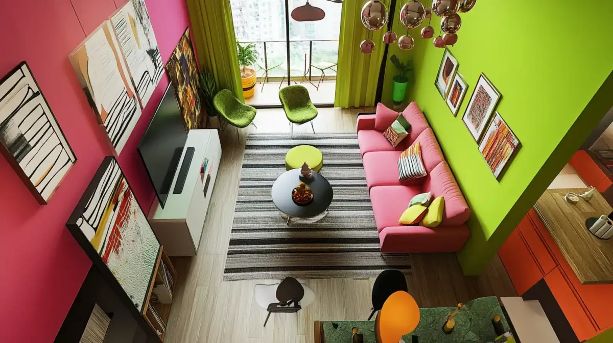 lime green and pink colour combination for 1 bhk flat