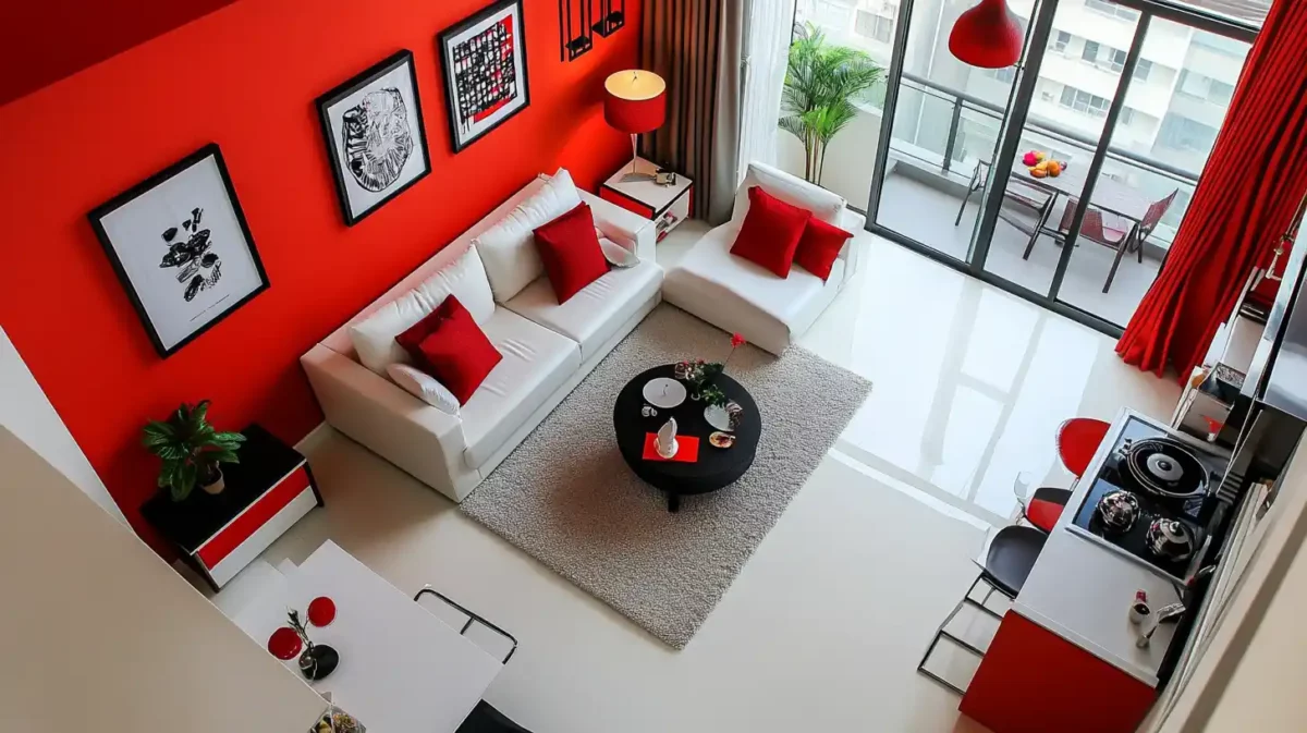 white and red colour combination for 1 bhk flat