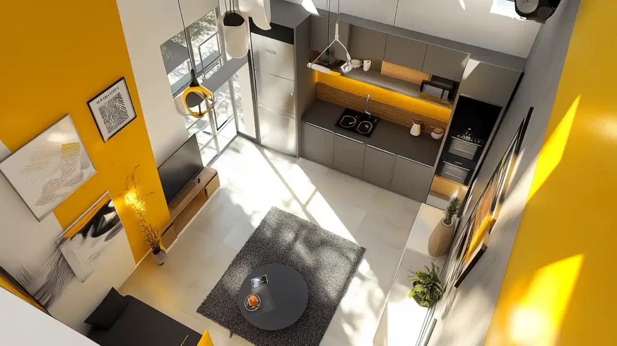 yellow and grey colour combination for 1 bhk flat