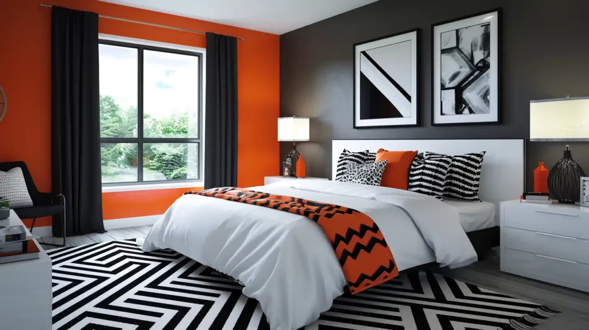 black white bedroom colour combination with orange