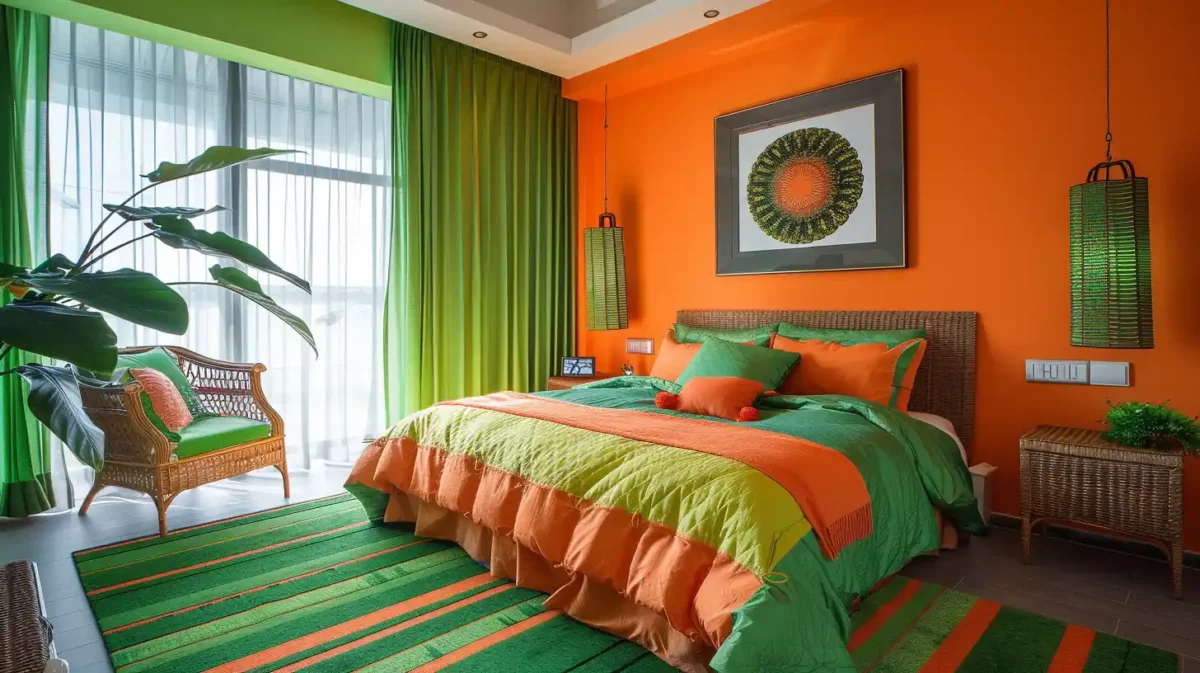 bright green and orange colour combination for bedroom