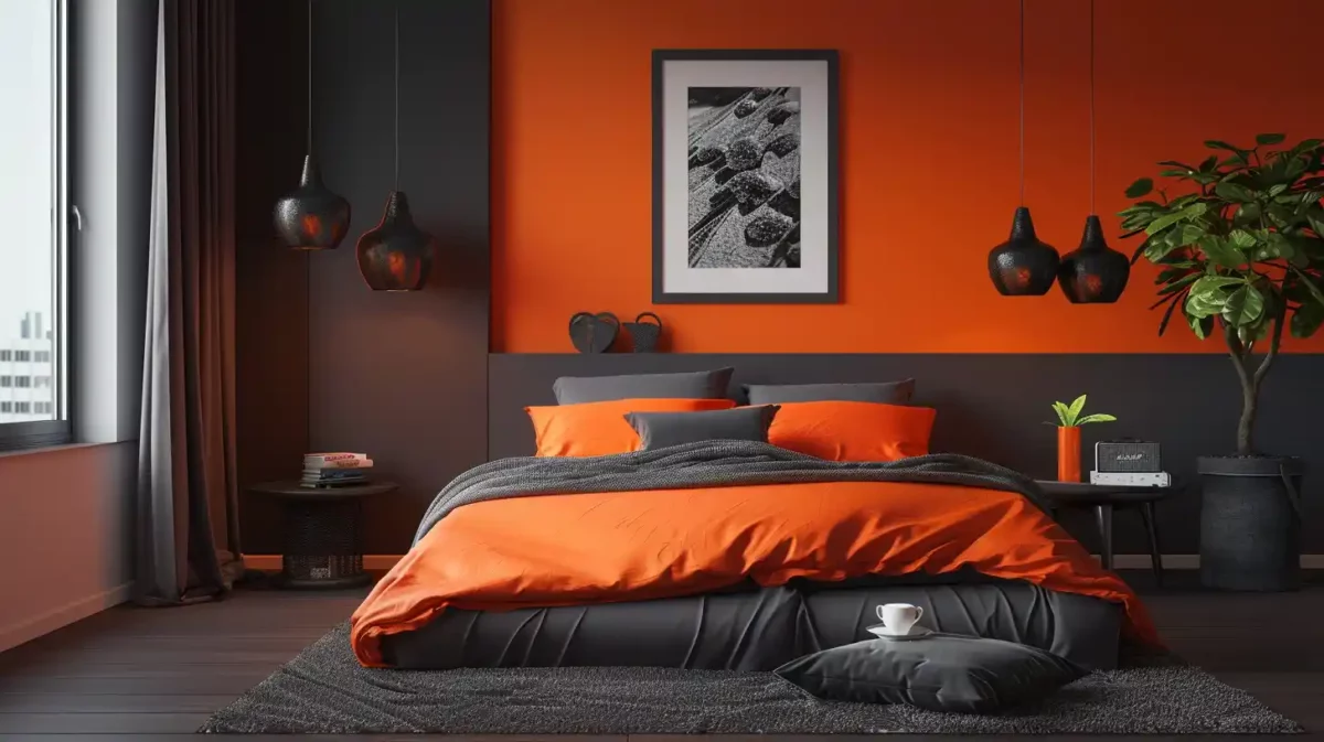 charcoal and orange two colour combination for bedroom walls