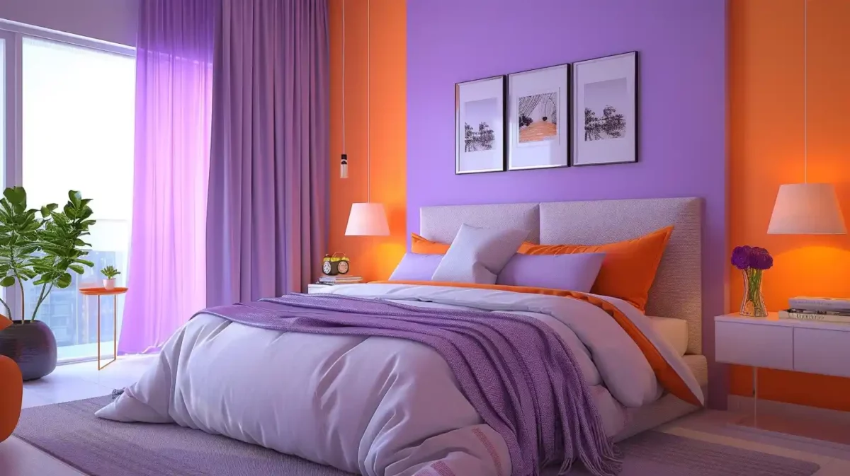 classic light purple and orange colour schemes for bedroom walls