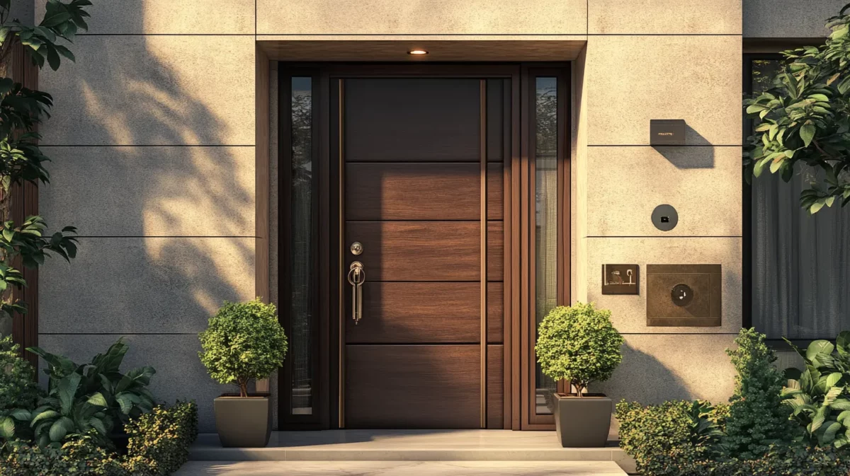 elegant oak modern flush door design with mica.