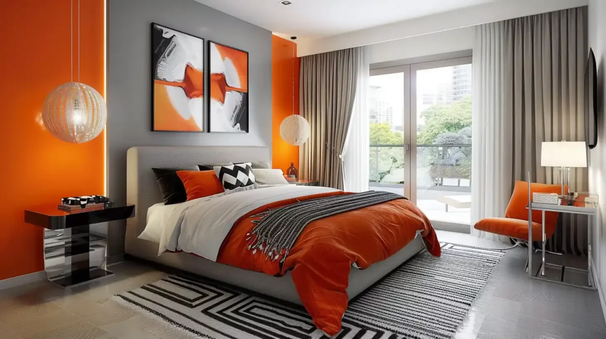 grey colour combination with orange for bedrooms