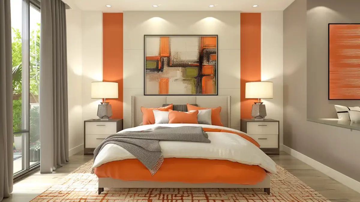 light beige and orange colour scheme for bedroom