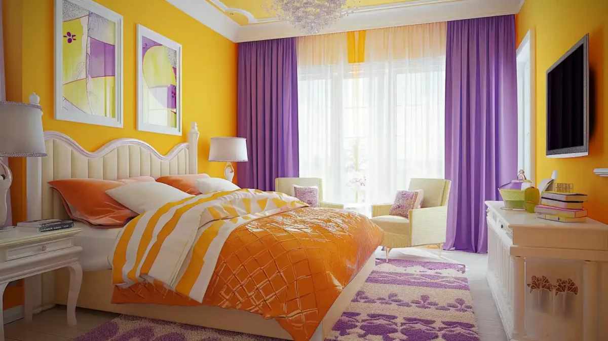 yellow orange bedroom designs with lavender colour combination