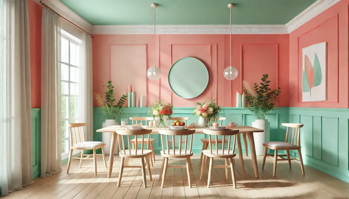 coral pink and soft mint dining room colour combination