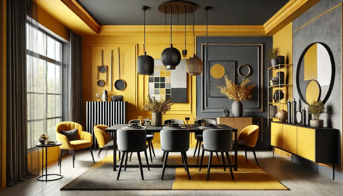 mustard yellow and charcoal grey dining room colour combination