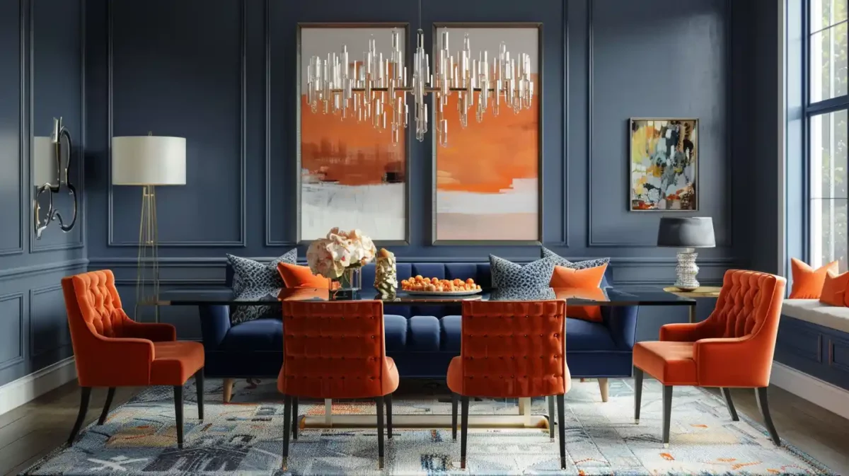 navy blues and citrus oranges colour combination for dining room