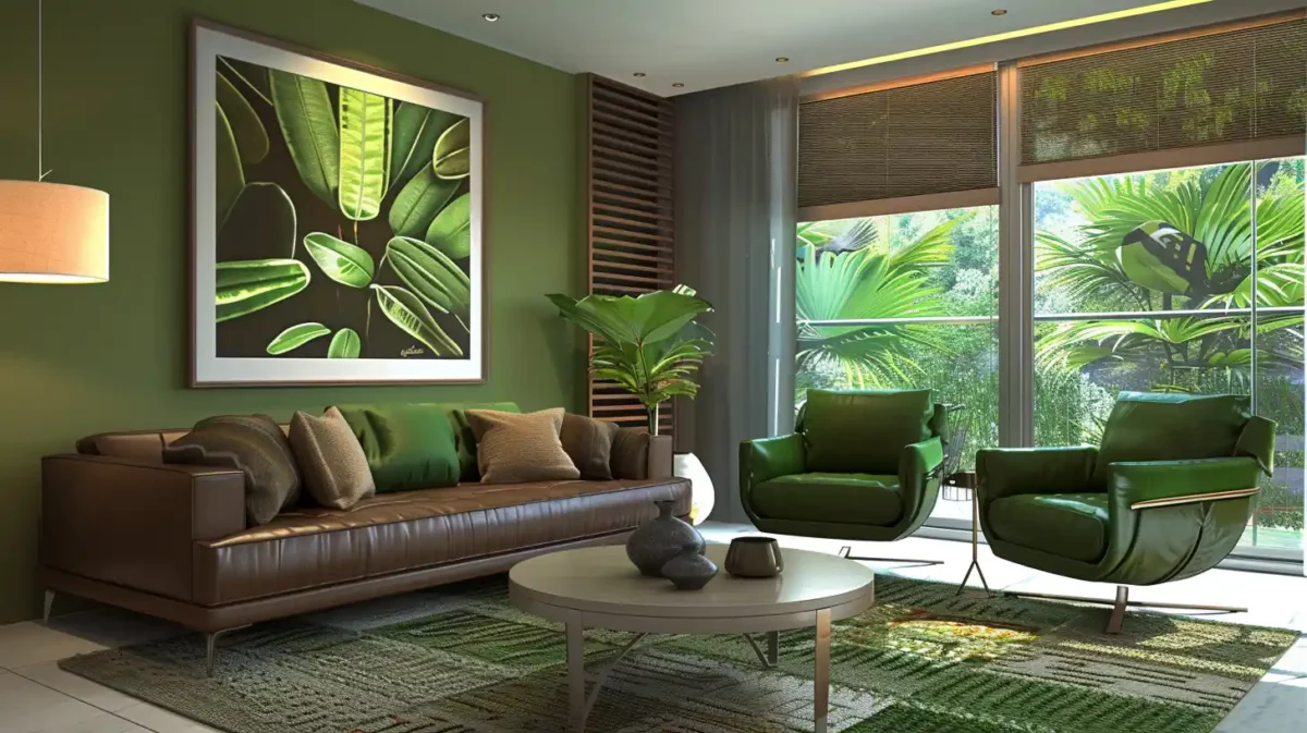 earthy brown and green tones colour combination for drawing room