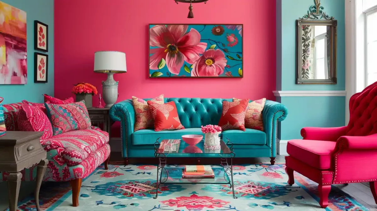 magenta red pink and teal colour combination for drawing room