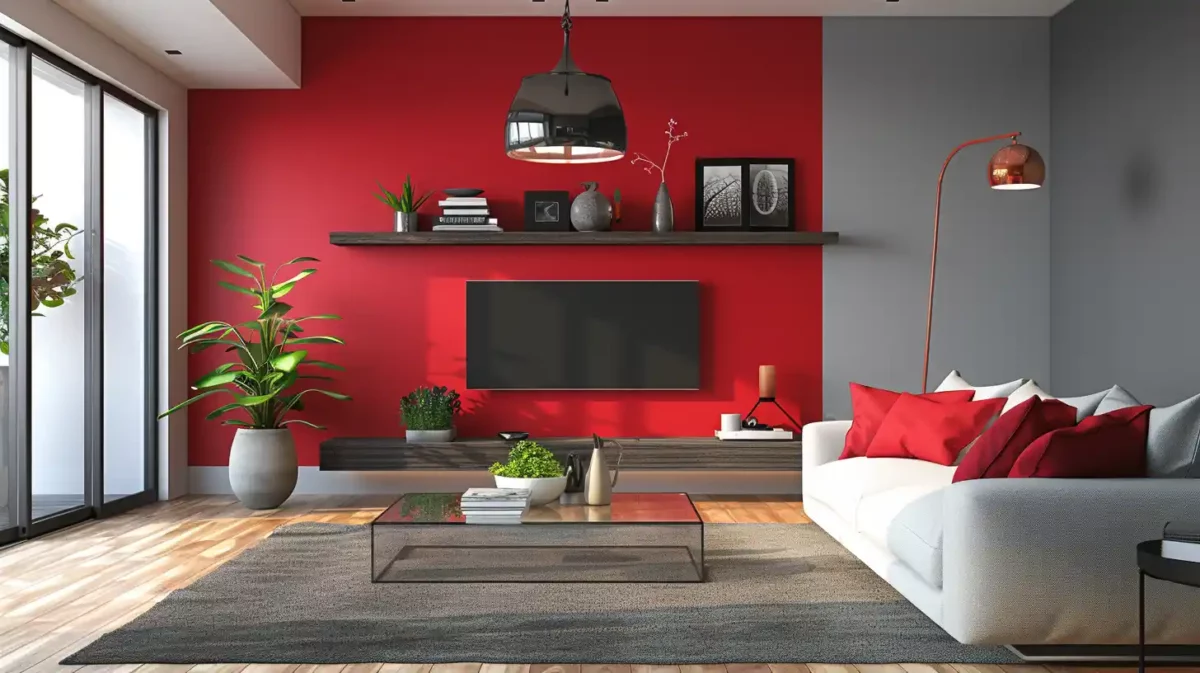 vibrant red and grey walls colour combination for drawing room