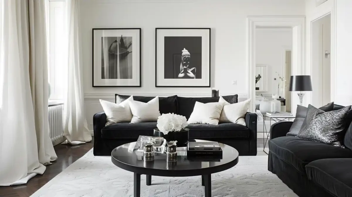 white and black colour combination for drawing room