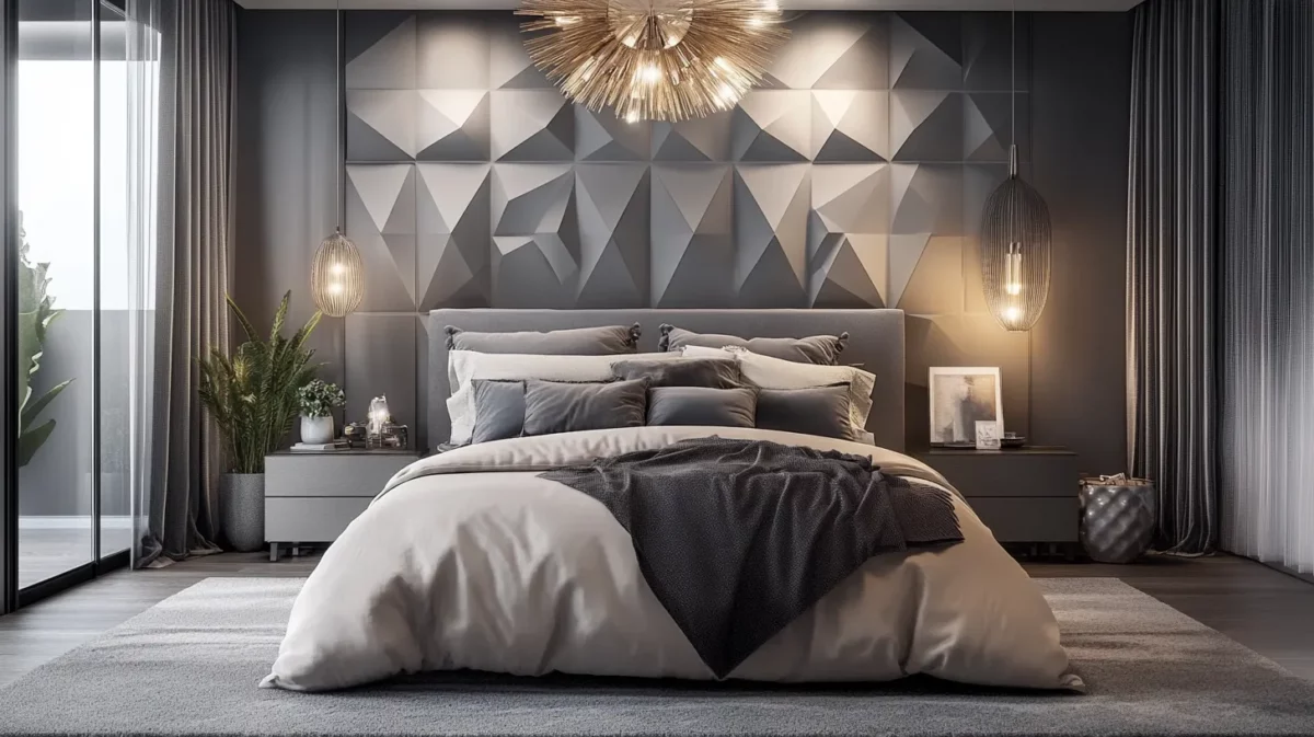 geometric patterns in metallic shades for bedroom wall