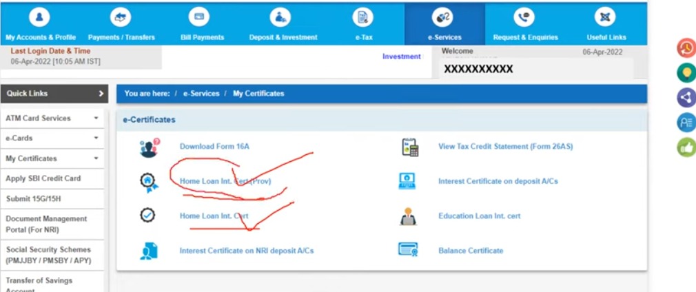 how to download the sbi home loan provisional interest certificate online