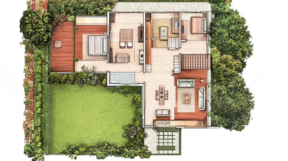 l shaped layout with a private garden in 4 bhk house design plan