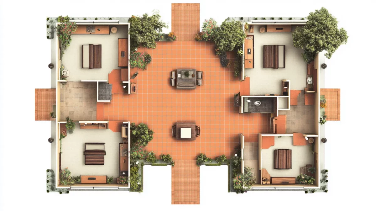 u shaped 4 bhk design plan with central courtyard