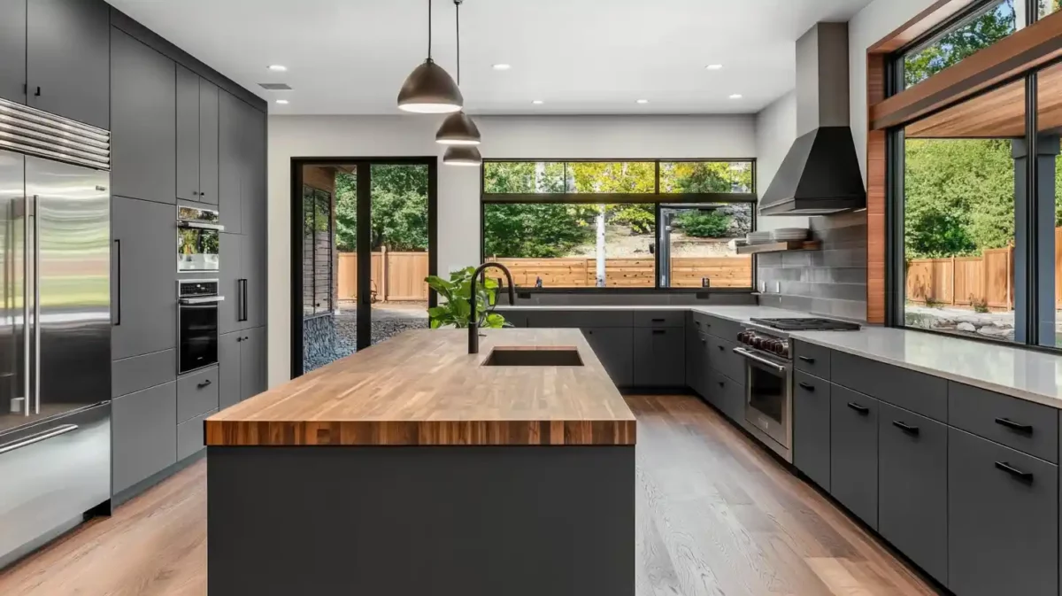 adding warmth to a grey kitchen with rich wood accents