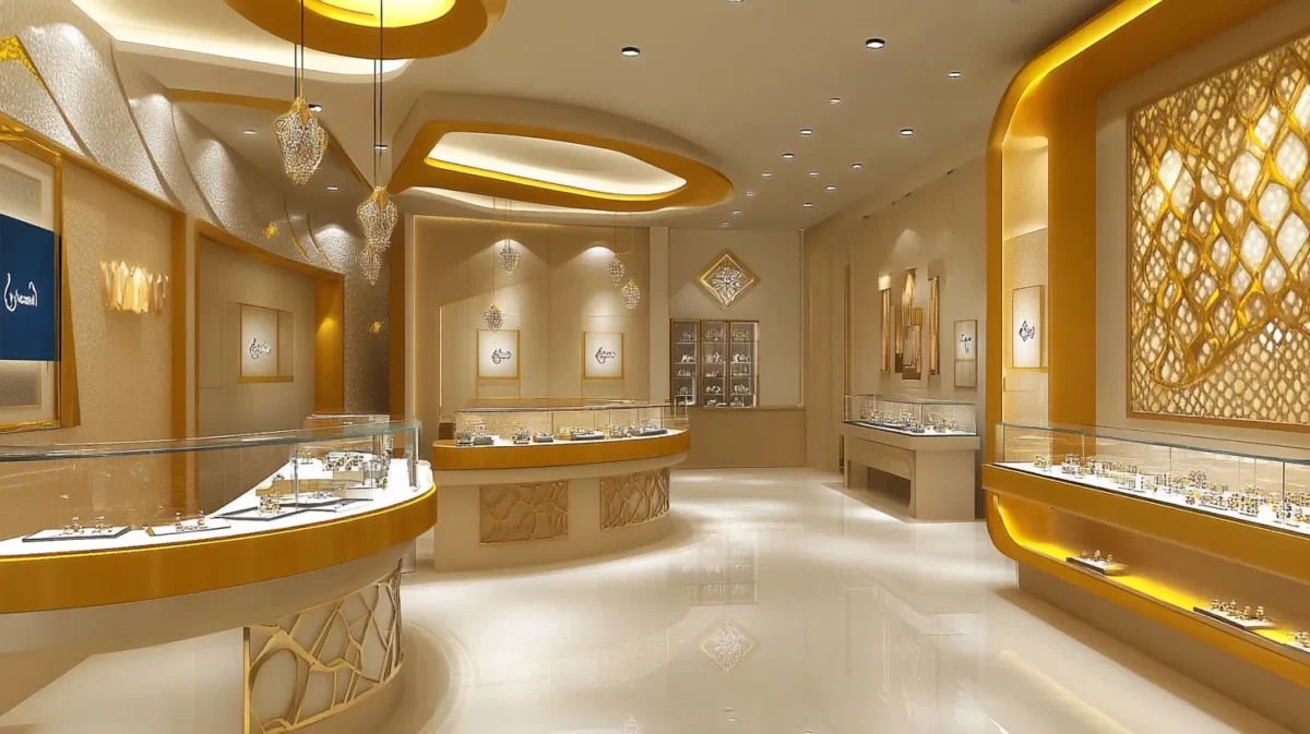 artistic and bold gold jewellery shop decoration idea