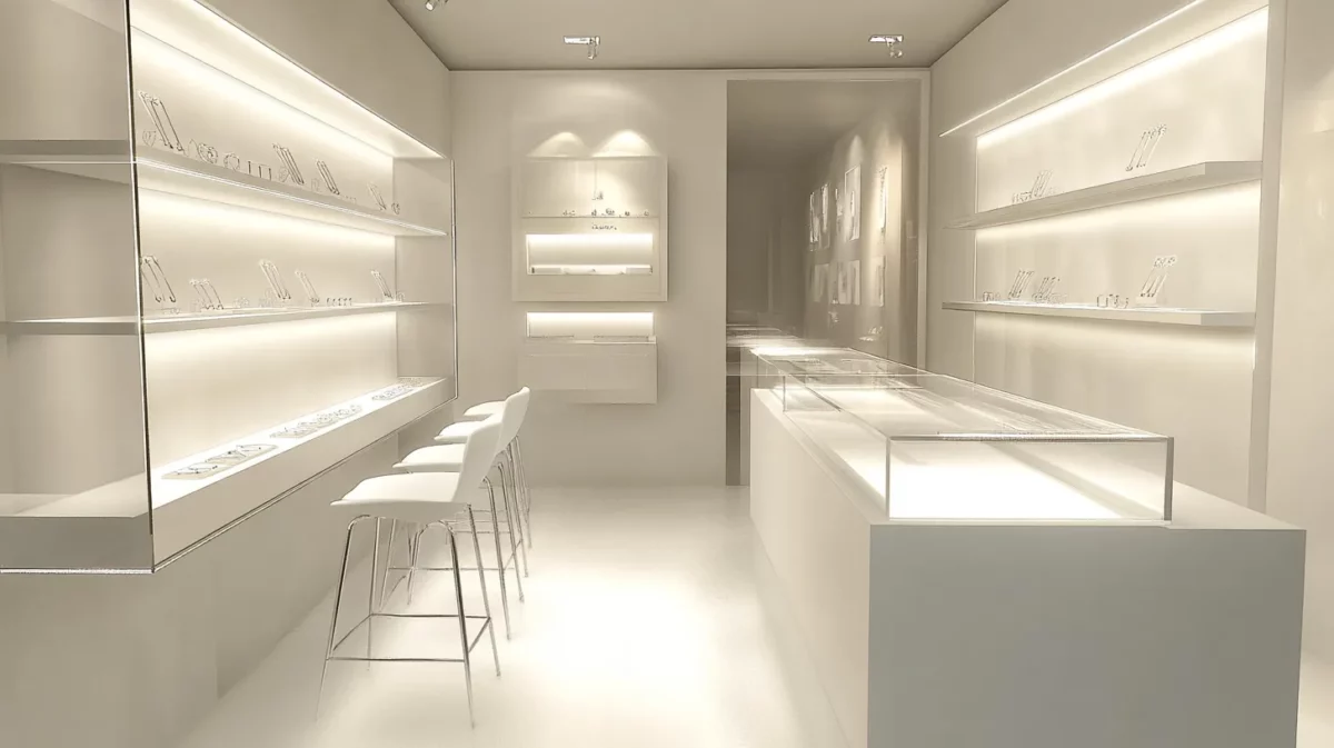 compact and minimalist interior design for small jewellery shop