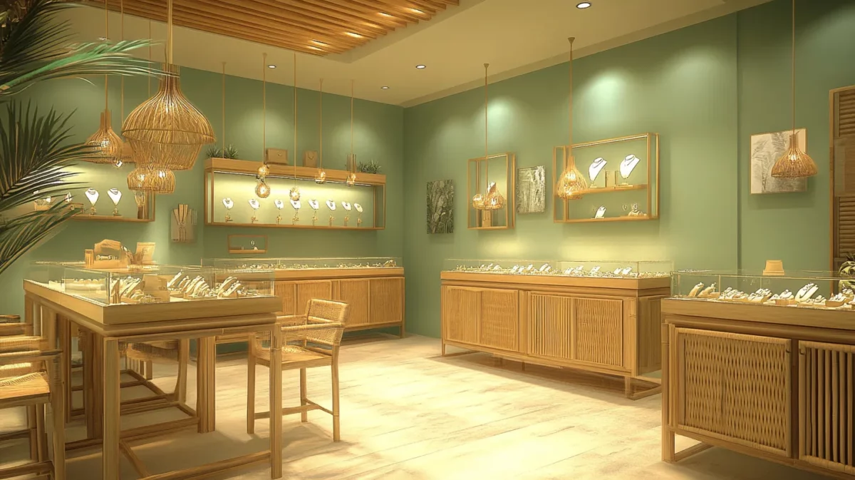 nature inspired serenity for gold jewellery showroom interior design