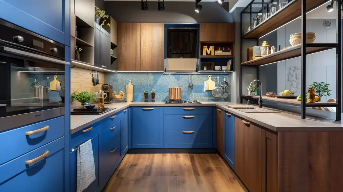 blue and brown kitchen colour combination