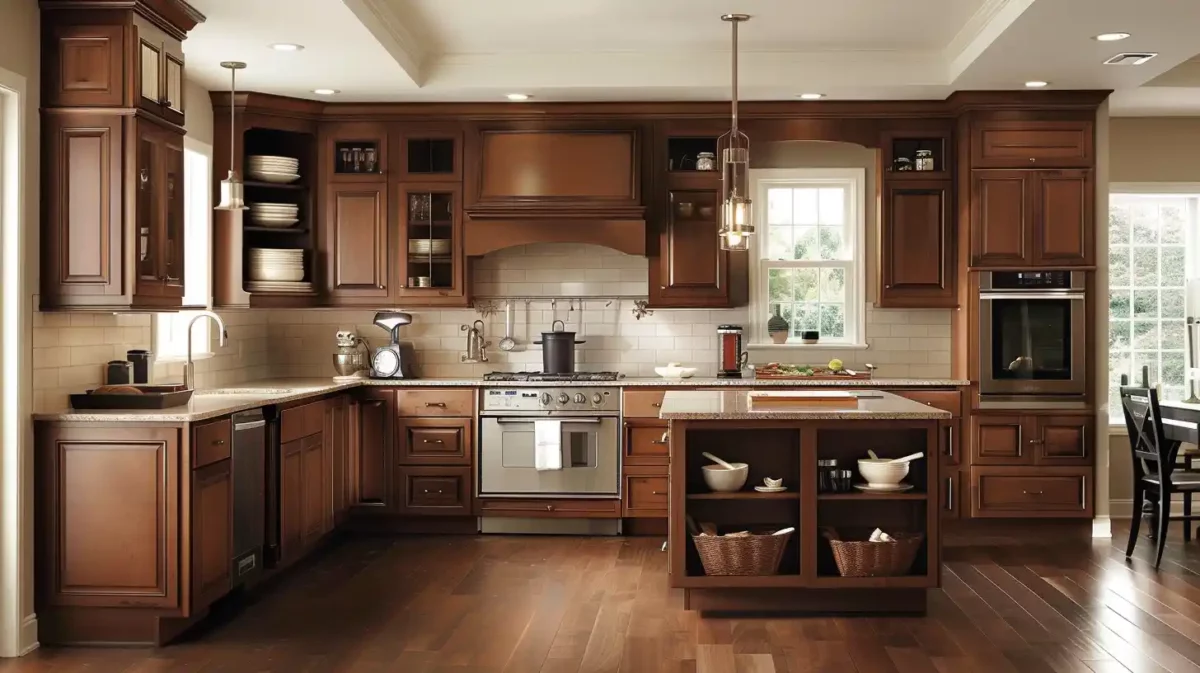 brown cabinets with wooden floor colour combination for kitchen