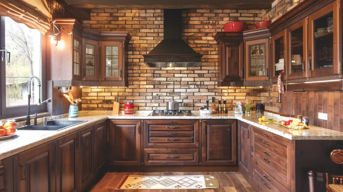 brown with brick backsplash kitchen colour combination