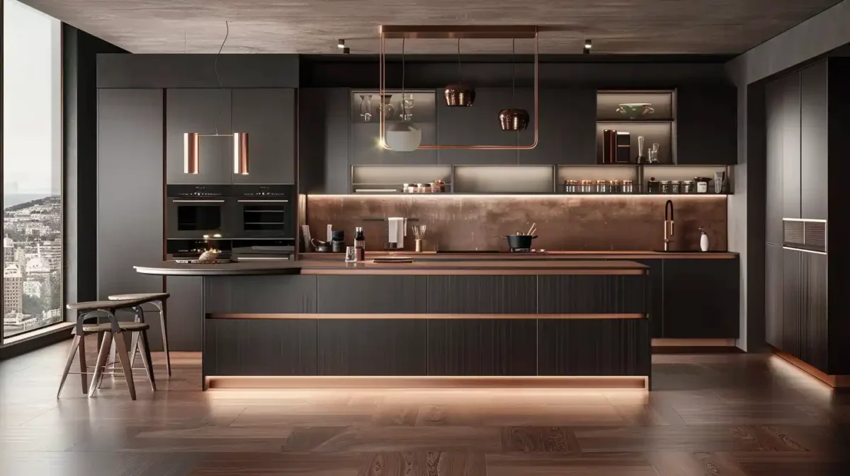 copper and chocolate brown kitchen colour combination