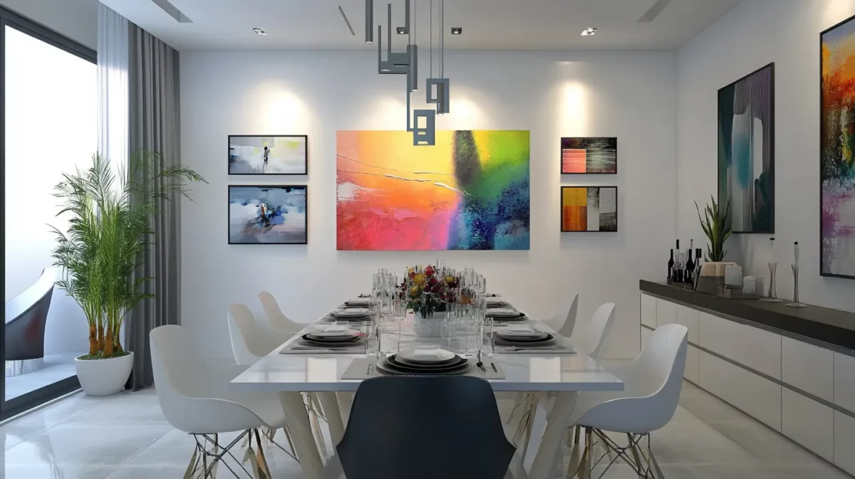 dining room interior with wall of art