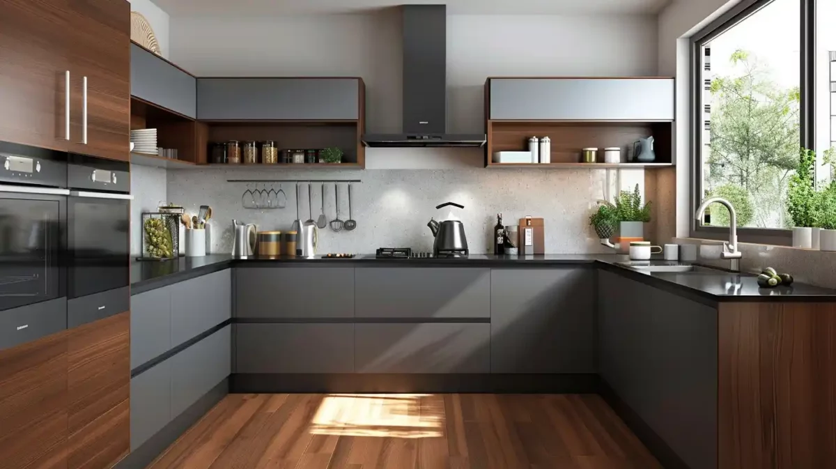 grey and brown kitchen colour combination