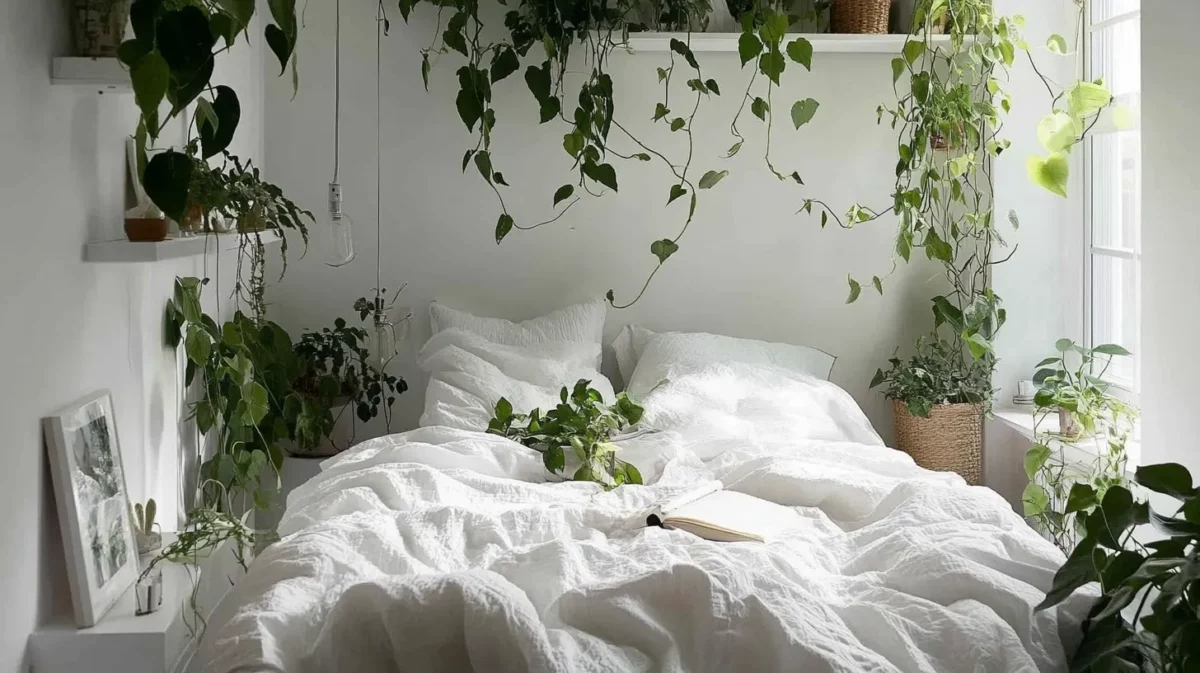 lots of greenery with white bedroom design