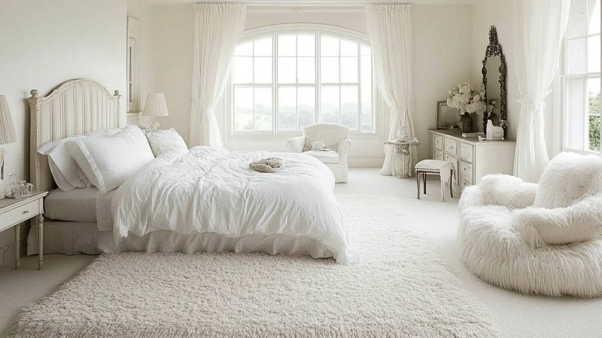 white rug with white bedroom design