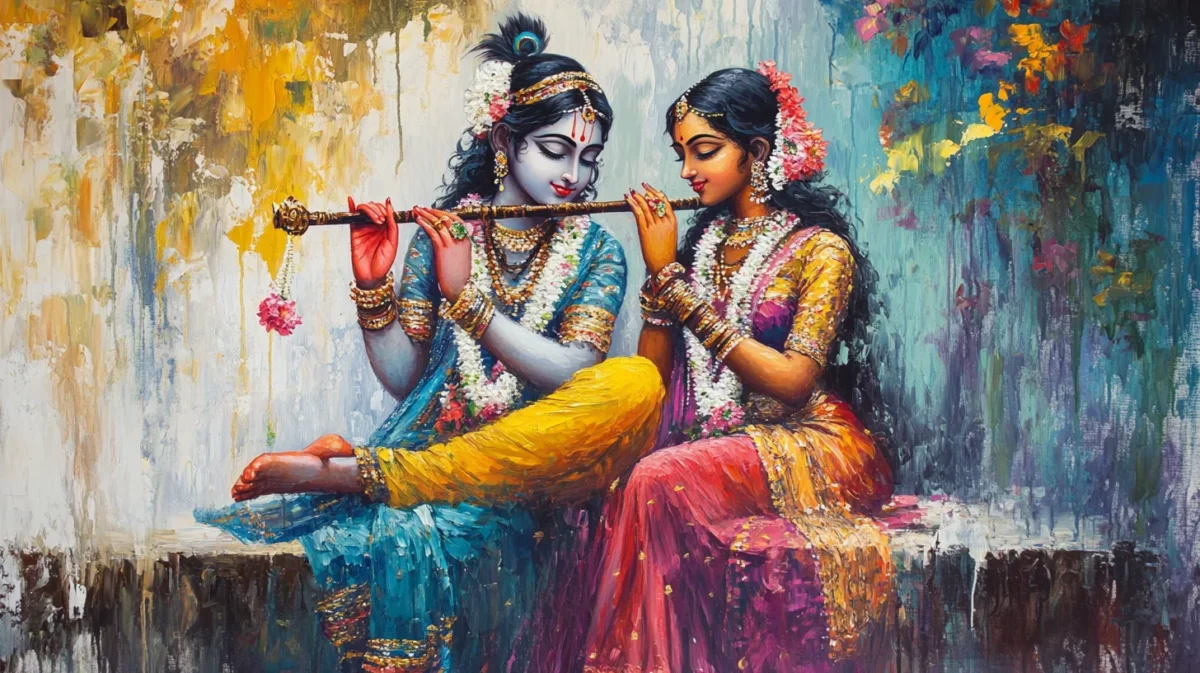 blissful radha krishna painting in bedroom